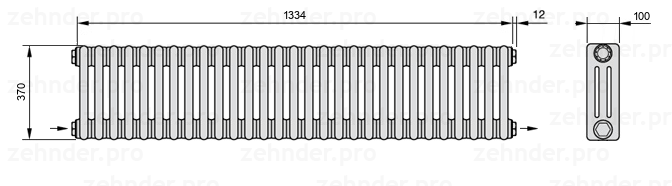 Схема (чертеж) Радиатор Zehnder Charleston 3037/29 №2670 Белый глянцевый RAL 9016